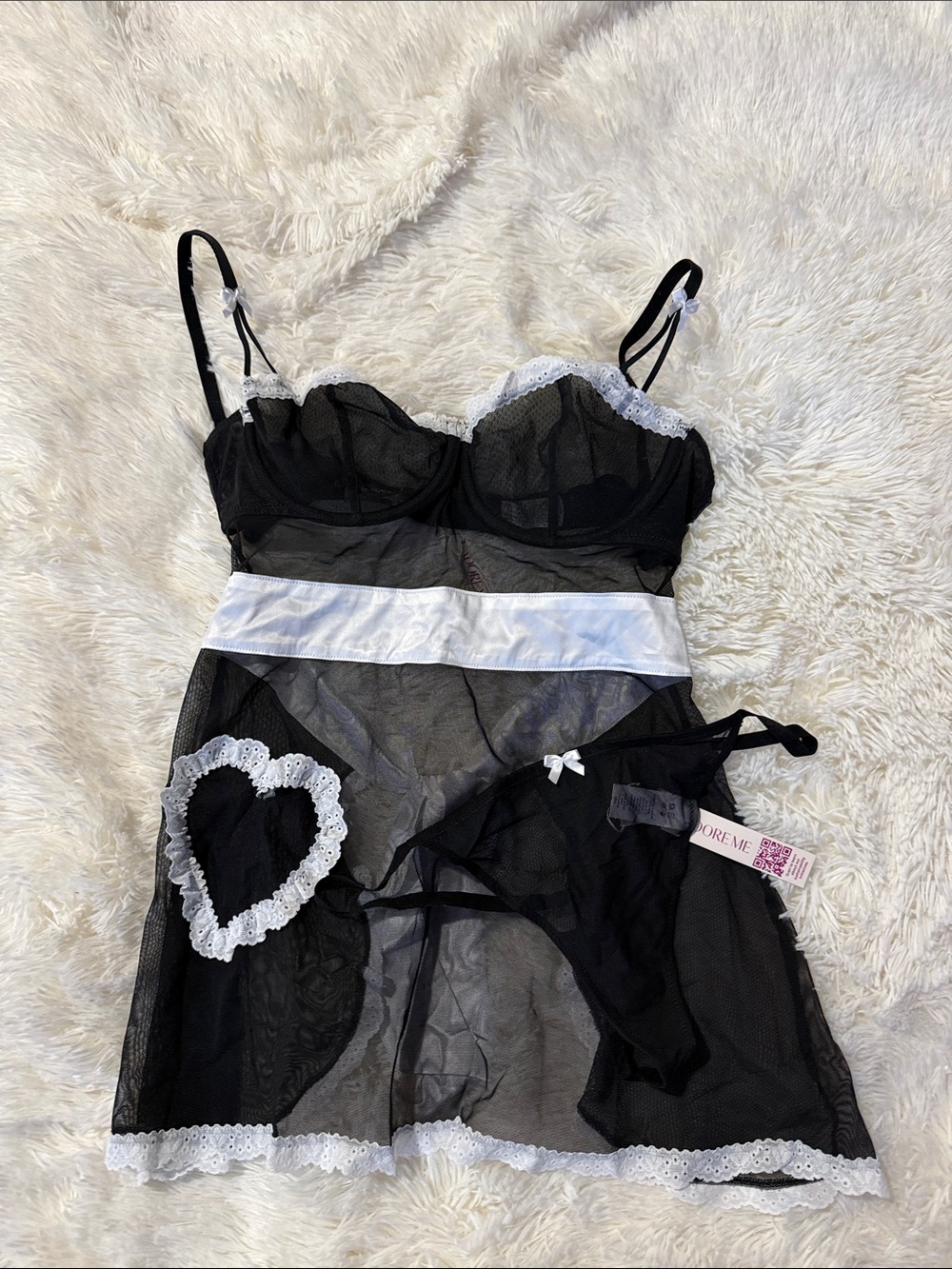 Adore Me Black & White Sheer Lace Babydoll Chemise with Thong